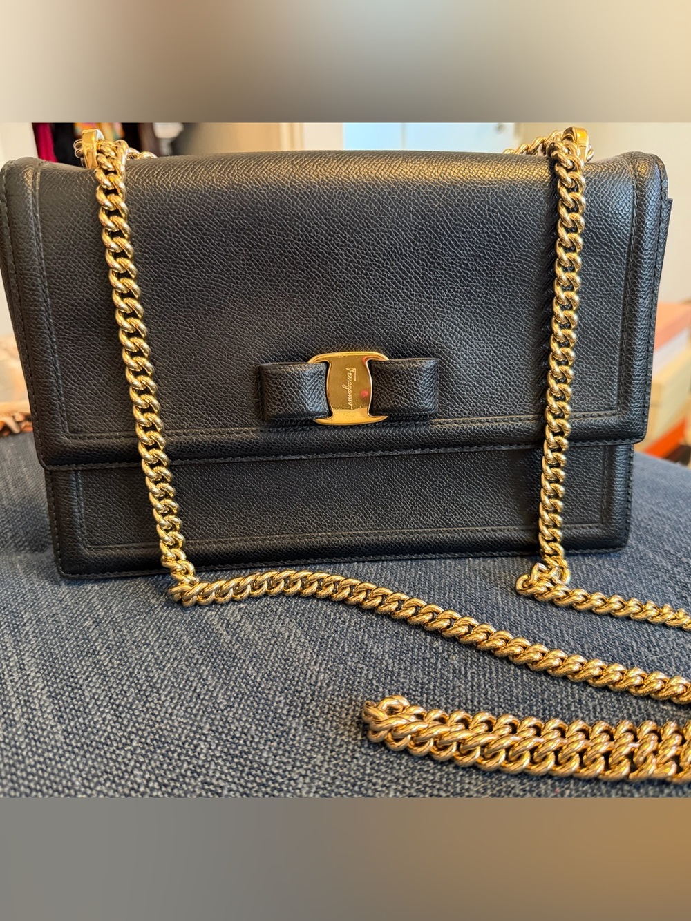 Salvatore Ferragamo Black Leather Vara Bow Shoulder Bag with Gold Hardware